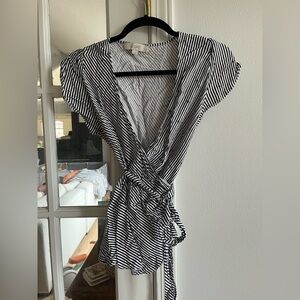 Blue and white wrap blouse